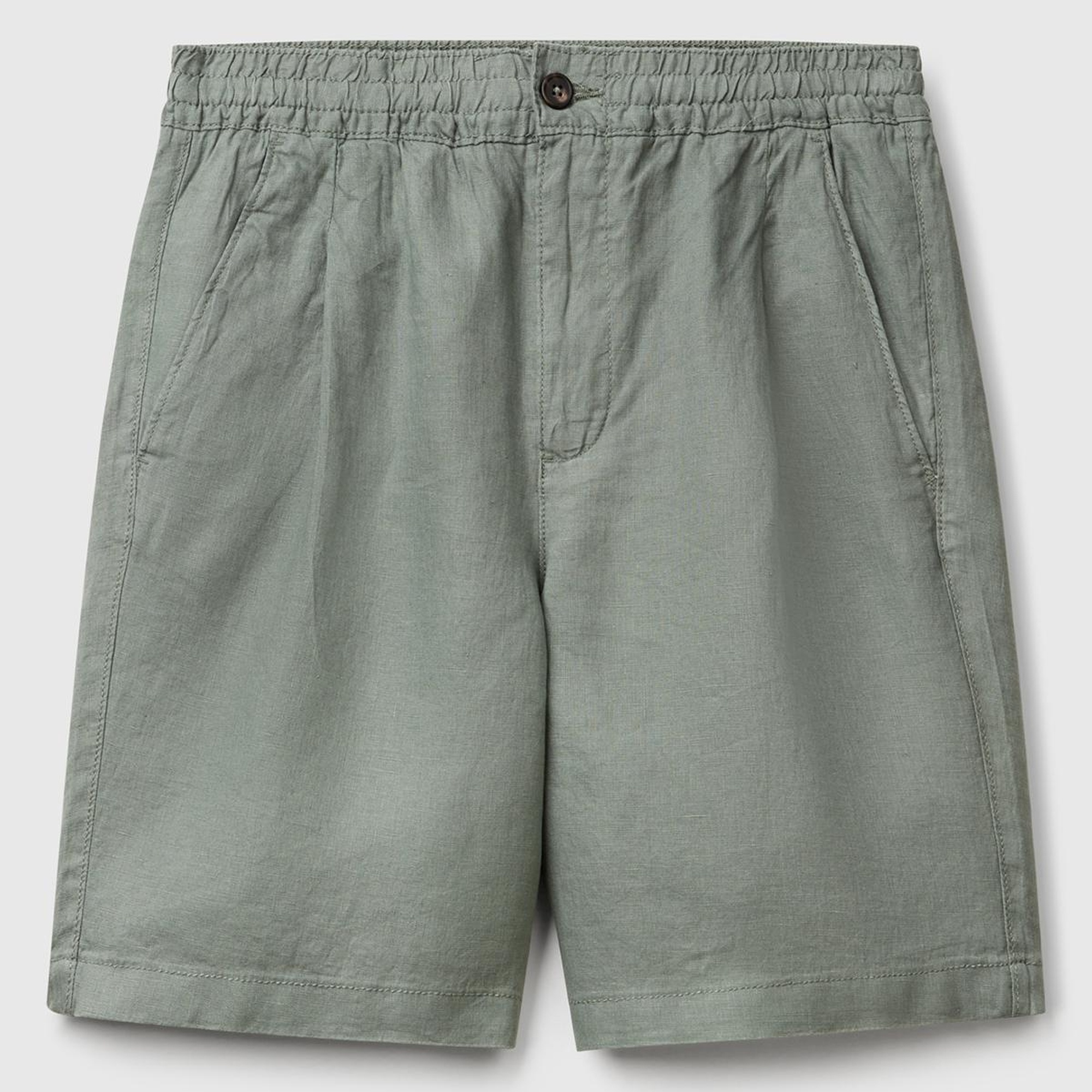 Erkek Soluk Yeşil %100 Keten Büzgü İpli Düğmeli Pile Detaylı Bermuda Şort