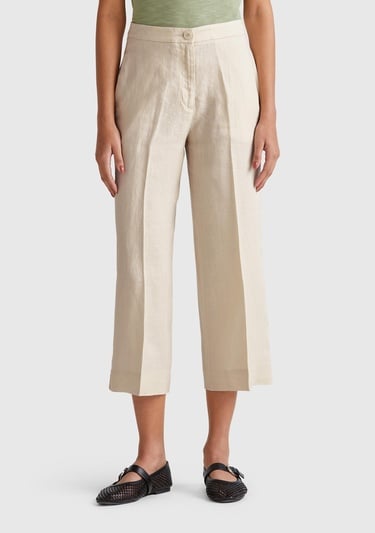  Kadın Taş Rengi %100 Keten Düğmeli Fermuarlı Paçası Kesik Kloş Pantolon