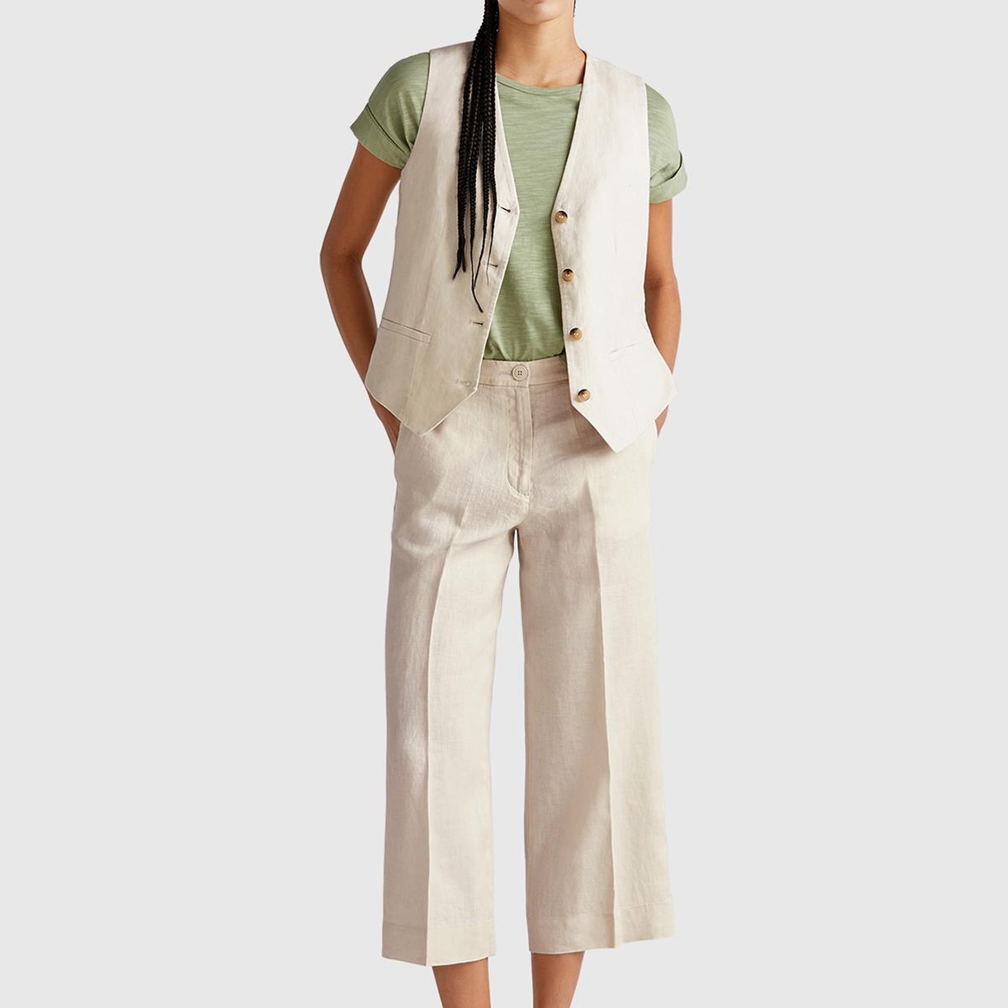 Kadın Taş Rengi %100 Keten Düğmeli Fermuarlı Paçası Kesik Kloş Pantolon