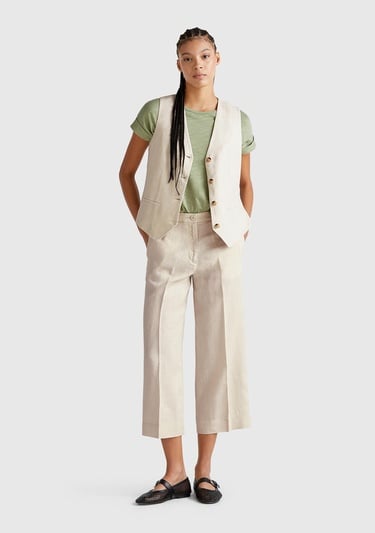  Kadın Taş Rengi %100 Keten Düğmeli Fermuarlı Paçası Kesik Kloş Pantolon