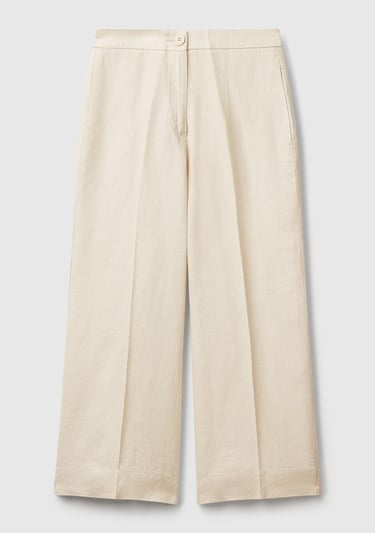  Kadın Taş Rengi %100 Keten Düğmeli Fermuarlı Paçası Kesik Kloş Pantolon