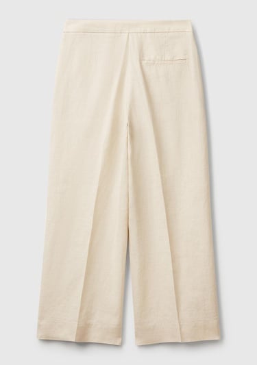  Kadın Taş Rengi %100 Keten Düğmeli Fermuarlı Paçası Kesik Kloş Pantolon