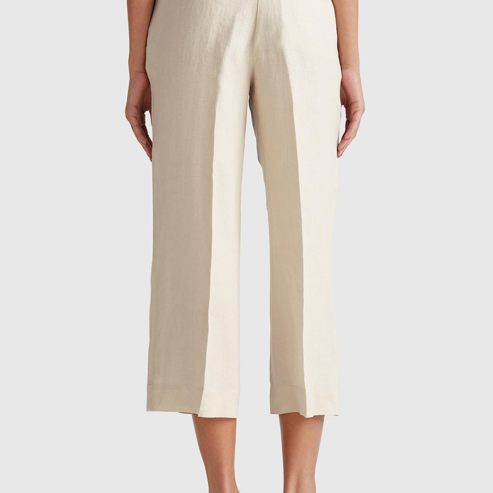 Kadın Taş Rengi %100 Keten Düğmeli Fermuarlı Paçası Kesik Kloş Pantolon