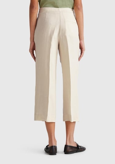  Kadın Taş Rengi %100 Keten Düğmeli Fermuarlı Paçası Kesik Kloş Pantolon