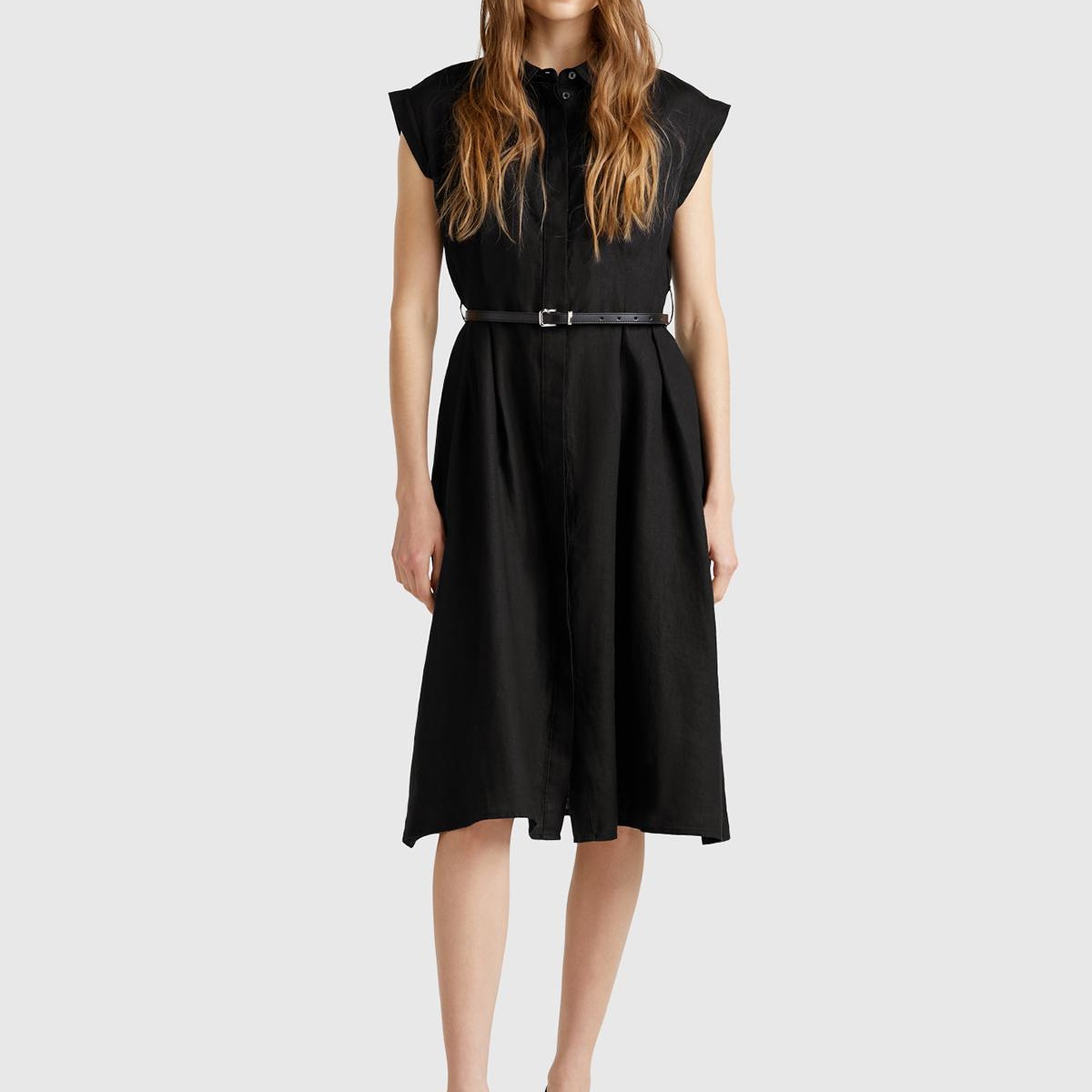 Kadın Siyah %100 Keten Pileli Çıkarılabilir Kuşaklı Gömlek Elbise