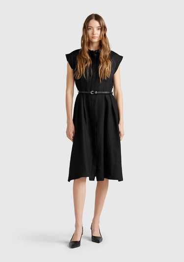  Kadın Siyah %100 Keten Pileli Çıkarılabilir Kuşaklı Gömlek Elbise