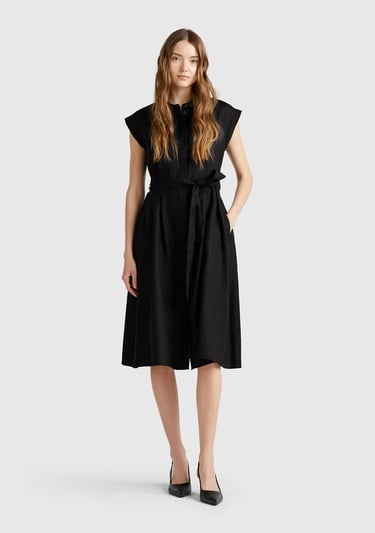  Kadın Siyah %100 Keten Pileli Çıkarılabilir Kuşaklı Gömlek Elbise