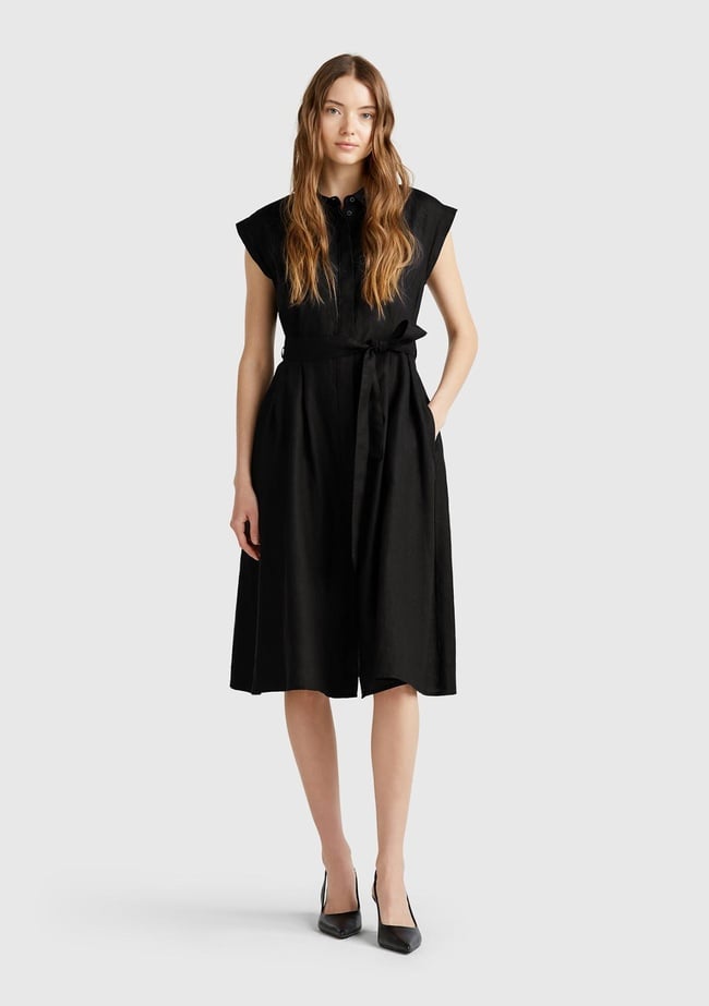  Kadın Siyah %100 Keten Pileli Çıkarılabilir Kuşaklı Gömlek Elbise