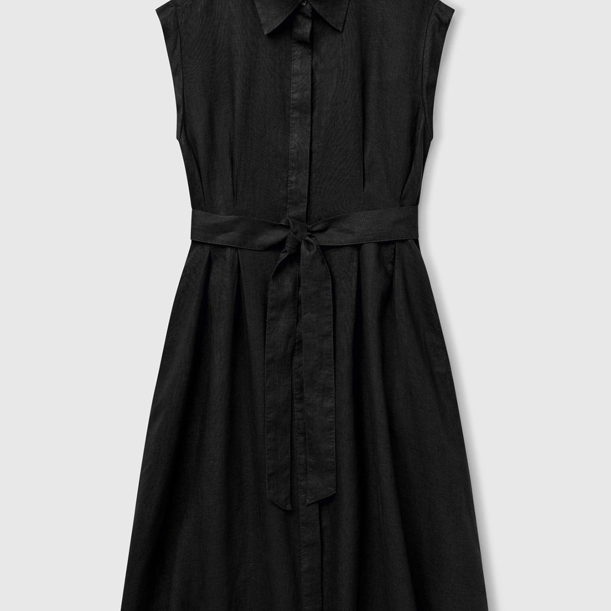 Kadın Siyah %100 Keten Pileli Çıkarılabilir Kuşaklı Gömlek Elbise