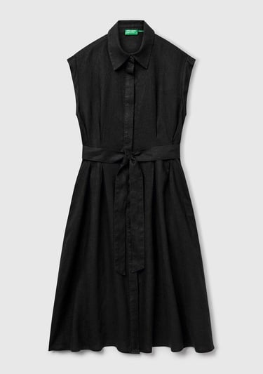 Kadın Siyah %100 Keten Pileli Çıkarılabilir Kuşaklı Gömlek Elbise