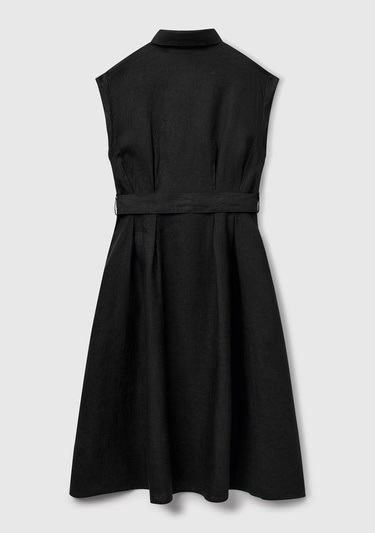  Kadın Siyah %100 Keten Pileli Çıkarılabilir Kuşaklı Gömlek Elbise