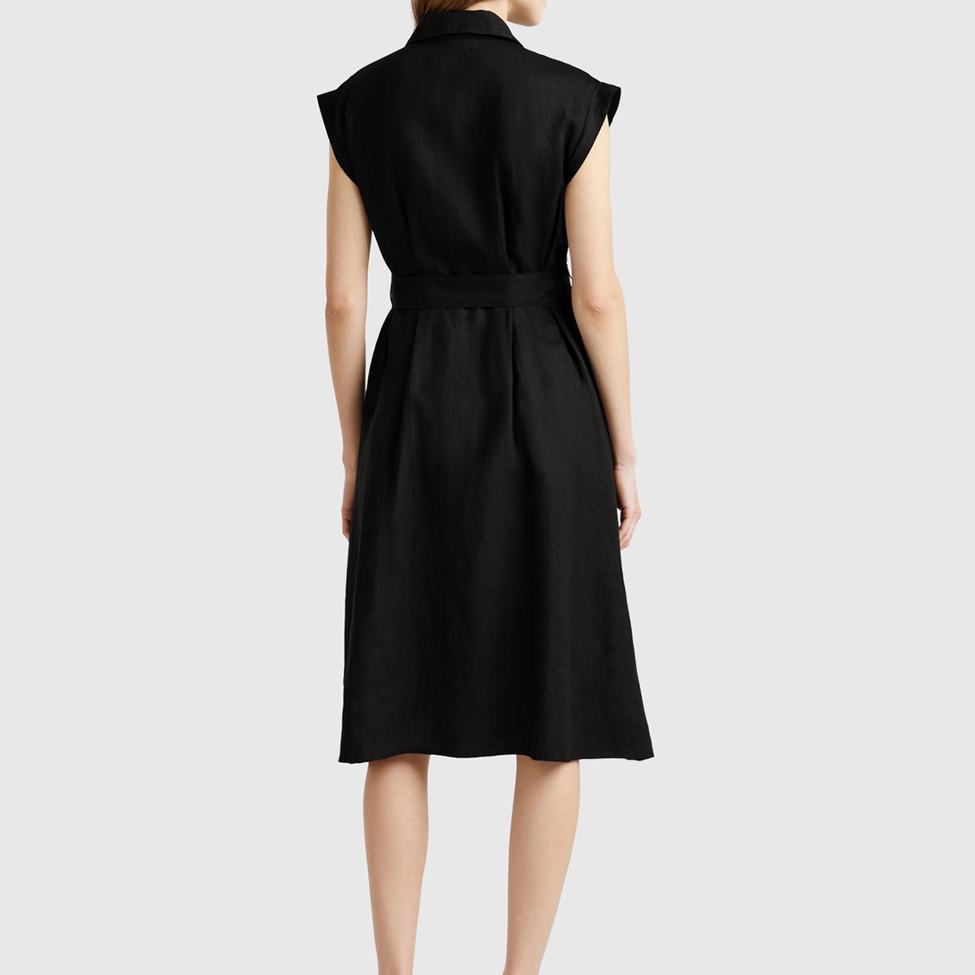 Kadın Siyah %100 Keten Pileli Çıkarılabilir Kuşaklı Gömlek Elbise