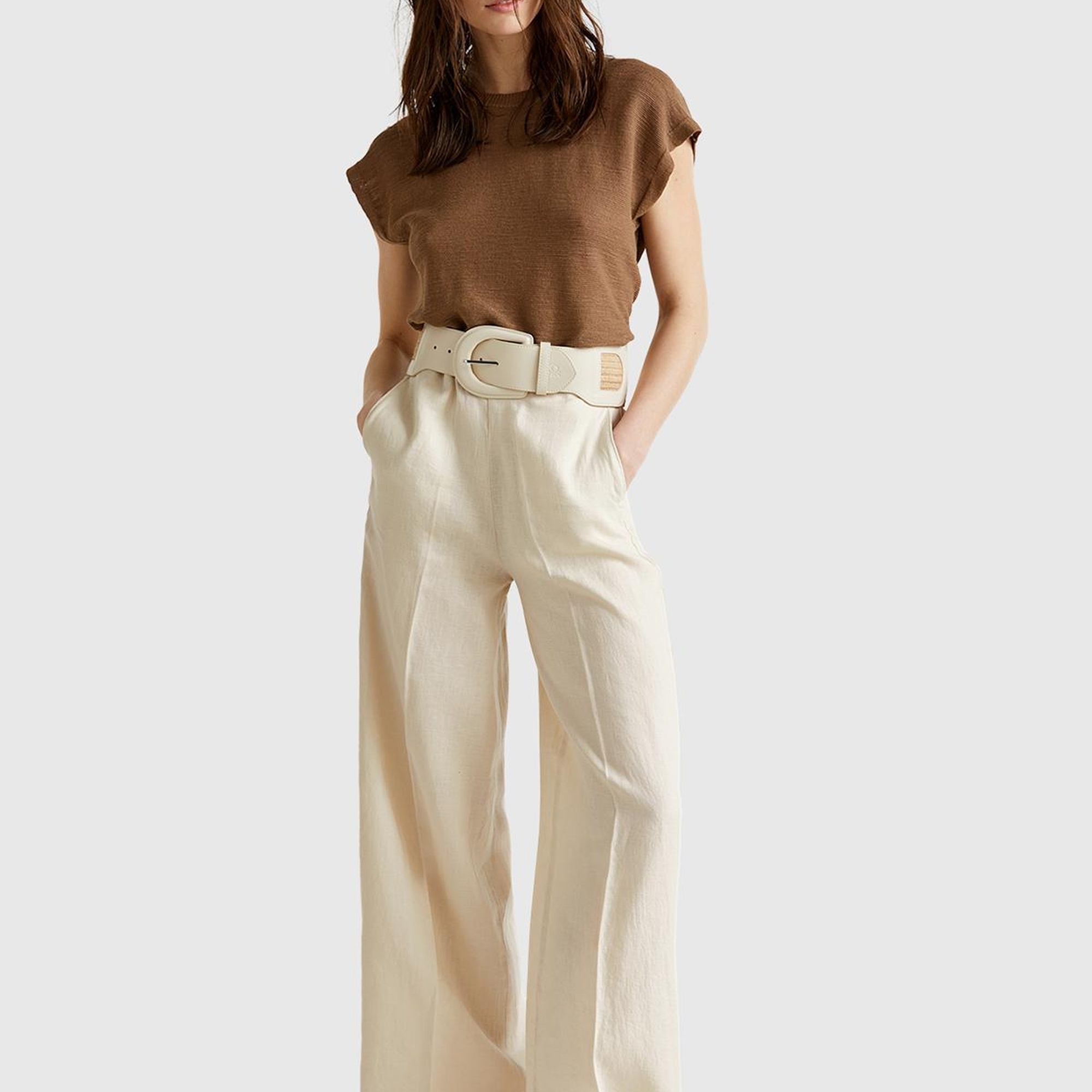 Kadın Taş Rengi %100 Keten Yan Cepli Arka Beli Lastikli Palazzo Pantolon