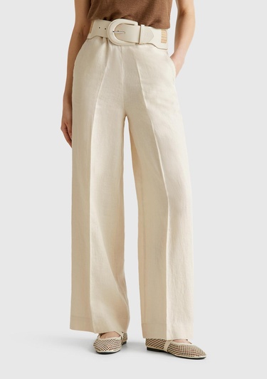  Kadın Taş Rengi %100 Keten Yan Cepli Arka Beli Lastikli Palazzo Pantolon