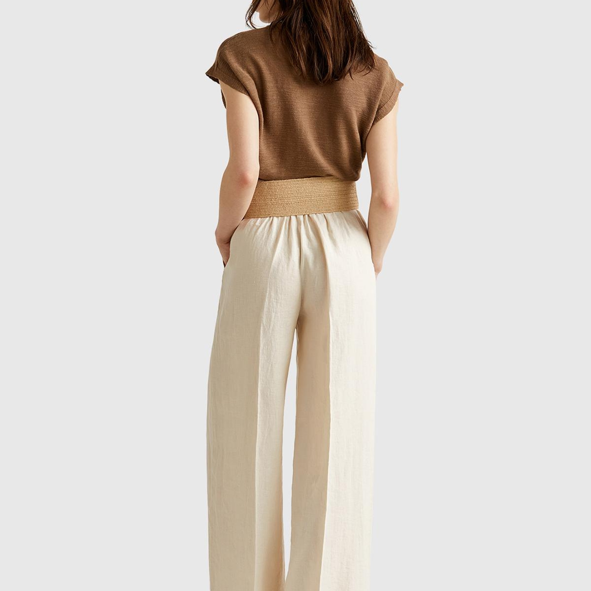 Kadın Taş Rengi %100 Keten Yan Cepli Arka Beli Lastikli Palazzo Pantolon