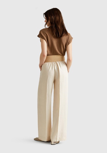  Kadın Taş Rengi %100 Keten Yan Cepli Arka Beli Lastikli Palazzo Pantolon