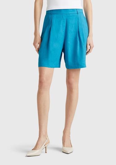  Kadın Mavi %100 Keten Arka Beli Lastikli Pileli Relax Fit Bermuda Şort