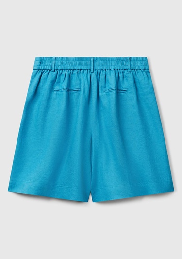  Kadın Mavi %100 Keten Arka Beli Lastikli Pileli Relax Fit Bermuda Şort
