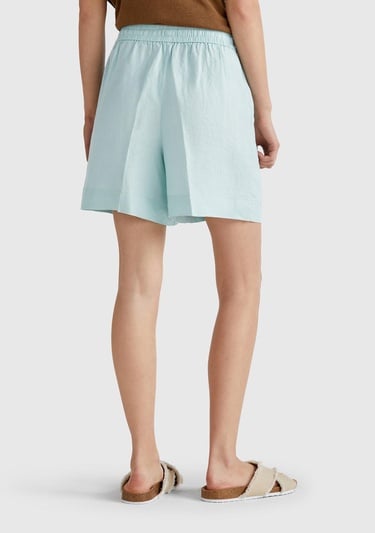  Kadın Su Yeşili %100 Keten Büzgü İpli Cepli Bermuda Şort