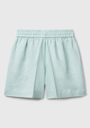  Kadın Su Yeşili %100 Keten Büzgü İpli Cepli Bermuda Şort