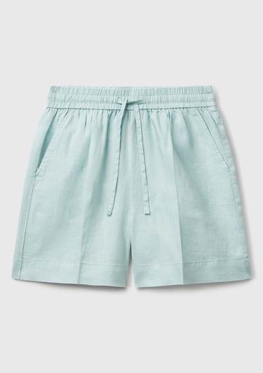  Kadın Su Yeşili %100 Keten Büzgü İpli Cepli Bermuda Şort