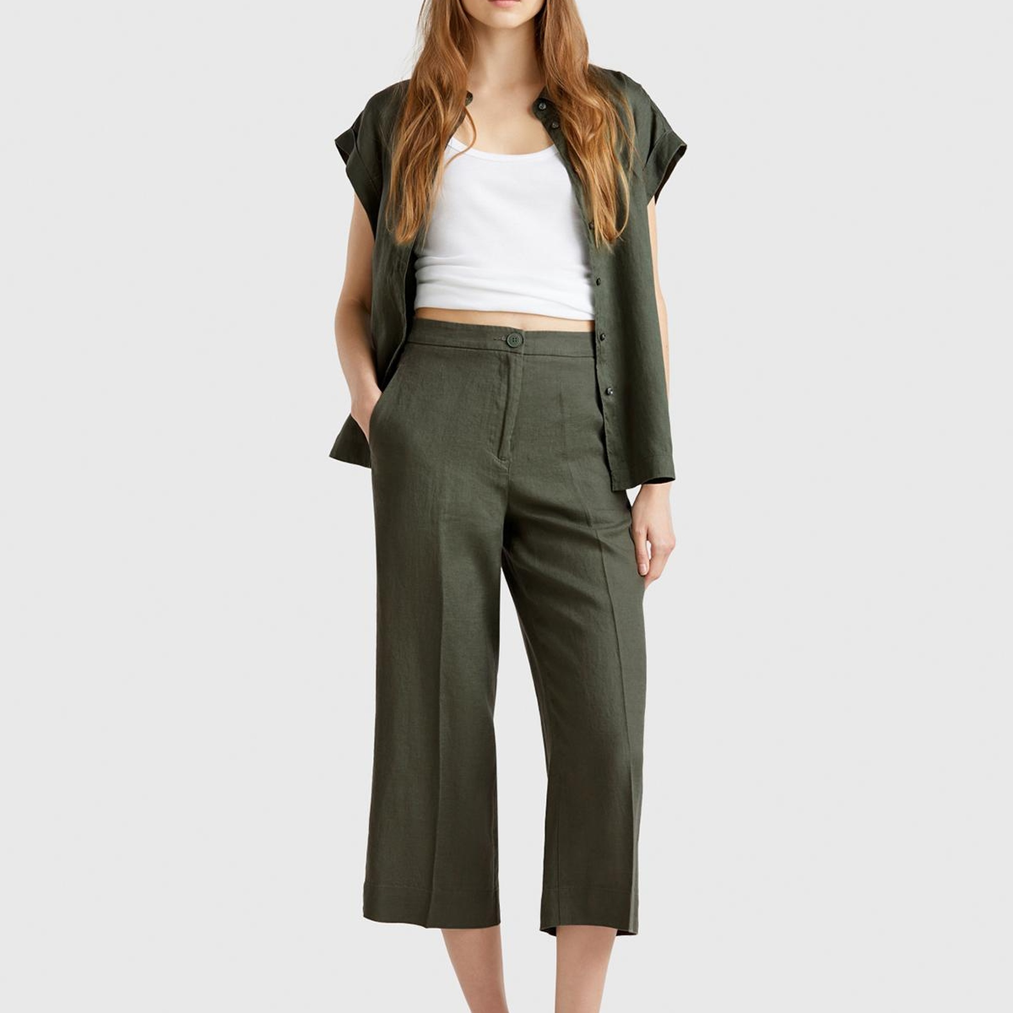 Kadın Haki %100 Keten Düğmeli Fermuarlı Paçası Kesik Kloş Pantolon