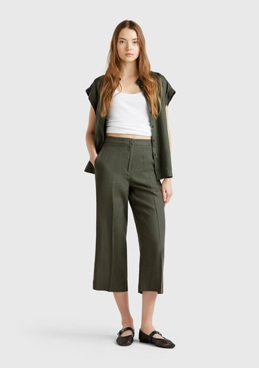  Kadın Haki %100 Keten Düğmeli Fermuarlı Paçası Kesik Kloş Pantolon