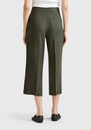  Kadın Haki %100 Keten Düğmeli Fermuarlı Paçası Kesik Kloş Pantolon