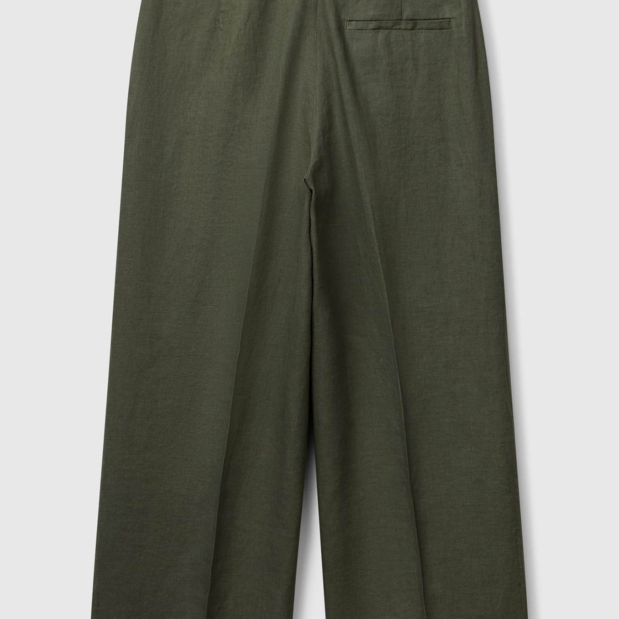 Kadın Haki %100 Keten Düğmeli Fermuarlı Paçası Kesik Kloş Pantolon