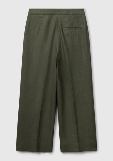  Kadın Haki %100 Keten Düğmeli Fermuarlı Paçası Kesik Kloş Pantolon