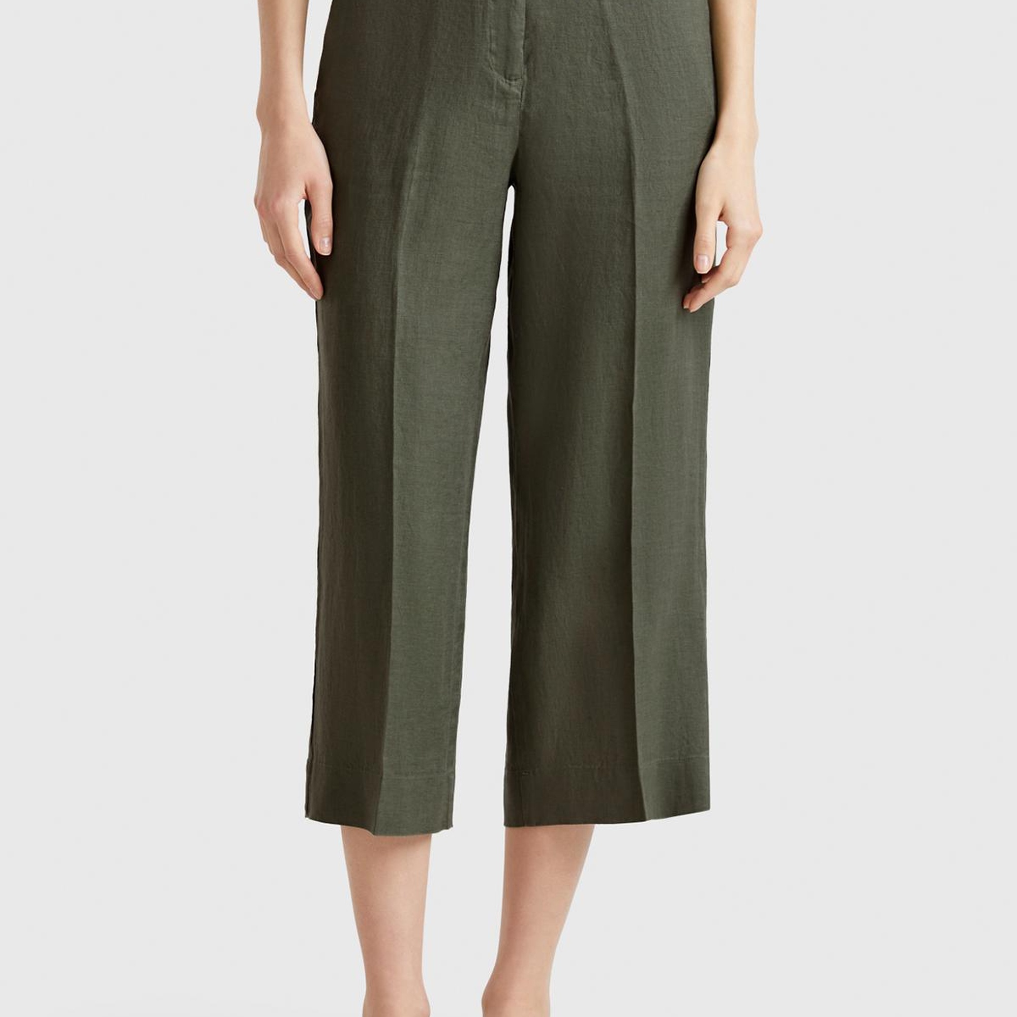 Kadın Haki %100 Keten Düğmeli Fermuarlı Paçası Kesik Kloş Pantolon