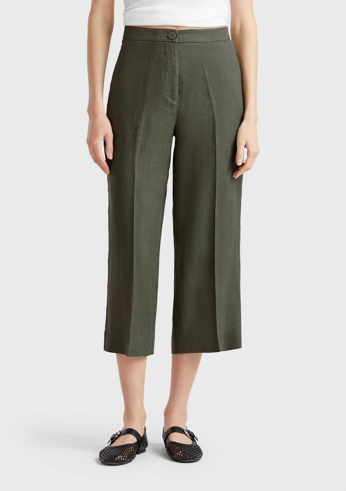  Kadın Haki %100 Keten Düğmeli Fermuarlı Paçası Kesik Kloş Pantolon