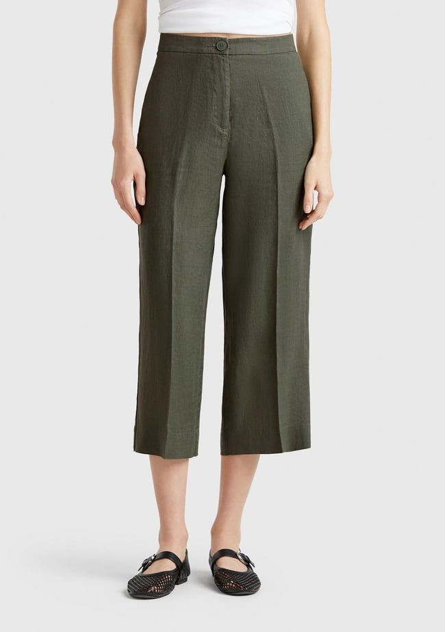  Kadın Haki %100 Keten Düğmeli Fermuarlı Paçası Kesik Kloş Pantolon