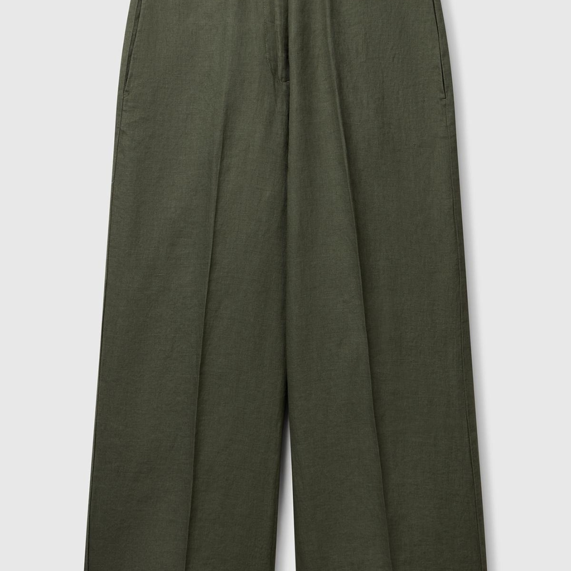 Kadın Haki %100 Keten Düğmeli Fermuarlı Paçası Kesik Kloş Pantolon