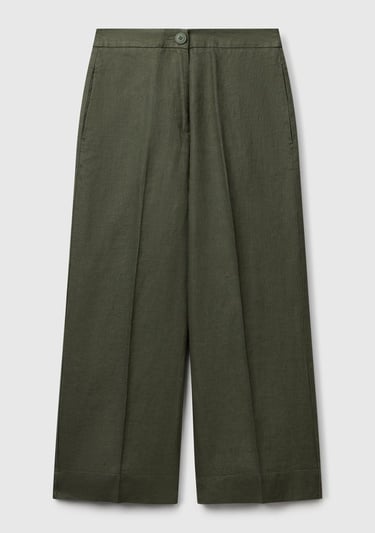  Kadın Haki %100 Keten Düğmeli Fermuarlı Paçası Kesik Kloş Pantolon