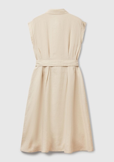  Kadın Taş Rengi %100 Keten Pileli Çıkarılabilir Kuşaklı Gömlek Elbise