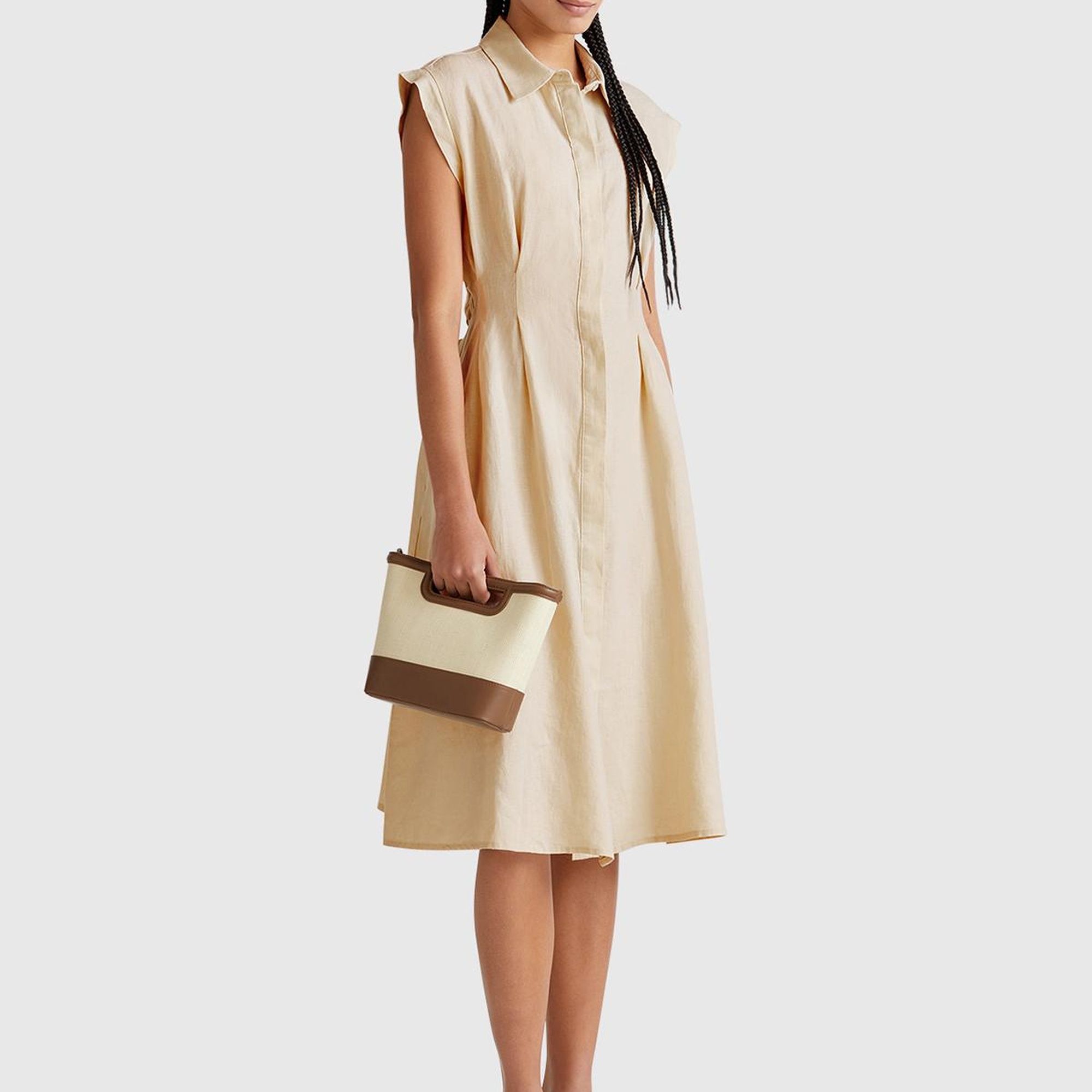 Kadın Taş Rengi %100 Keten Pileli Çıkarılabilir Kuşaklı Gömlek Elbise