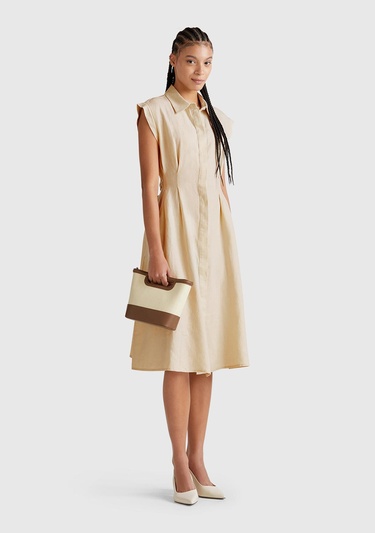  Kadın Taş Rengi %100 Keten Pileli Çıkarılabilir Kuşaklı Gömlek Elbise