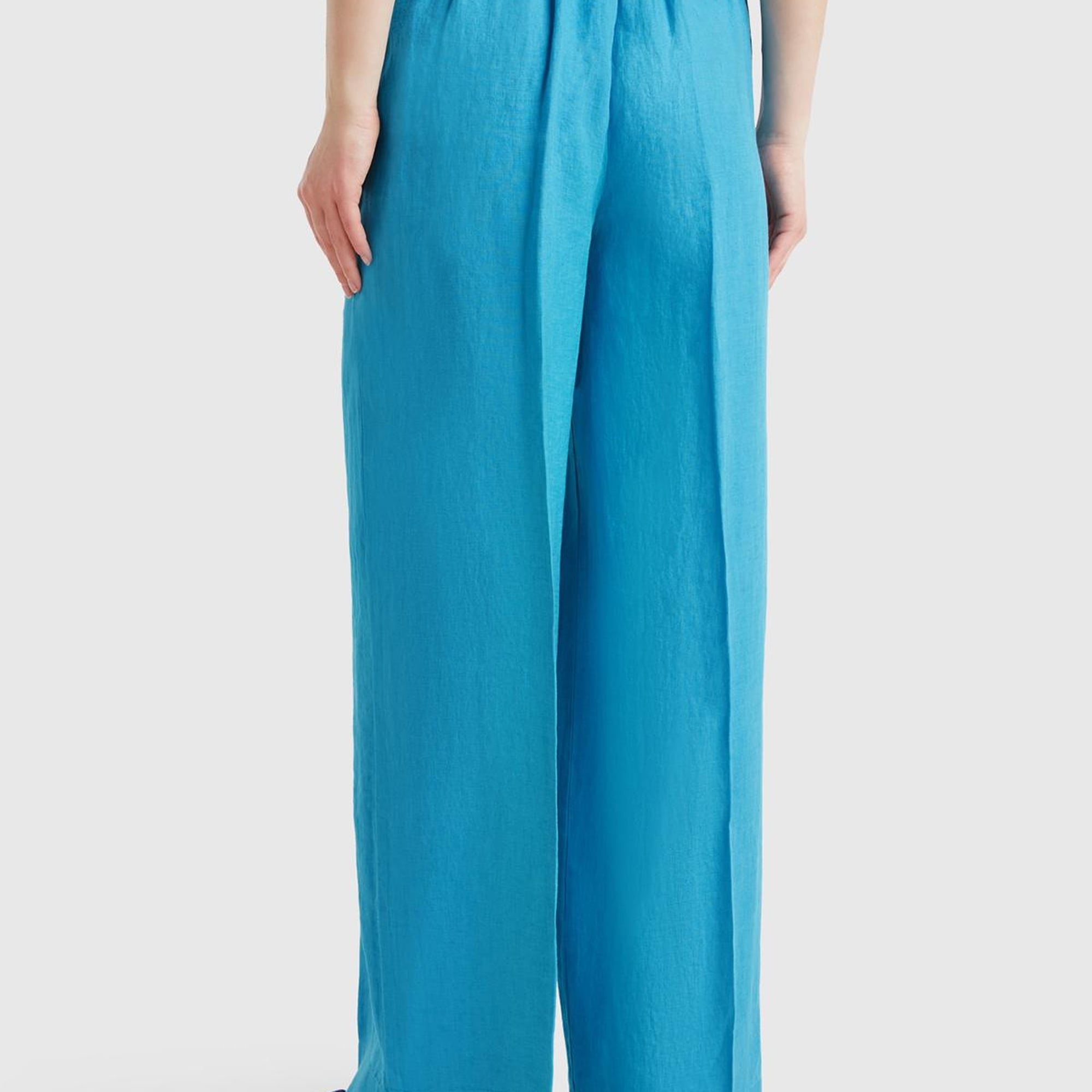 Kadın Mavi %100 Keten Yan Cepli Arka Beli Lastikli Palazzo Pantolon