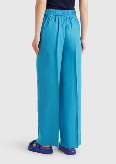  Kadın Mavi %100 Keten Yan Cepli Arka Beli Lastikli Palazzo Pantolon