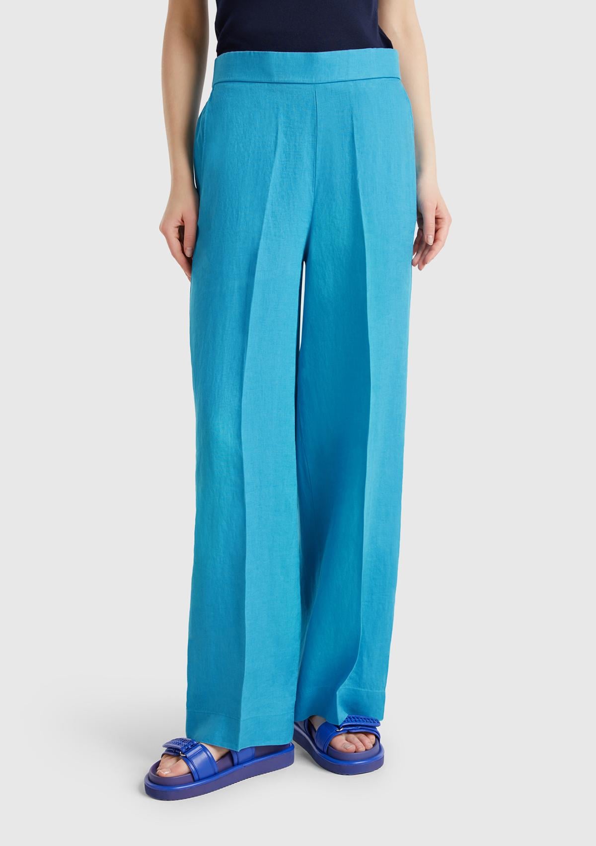  Kadın Mavi %100 Keten Yan Cepli Arka Beli Lastikli Palazzo Pantolon