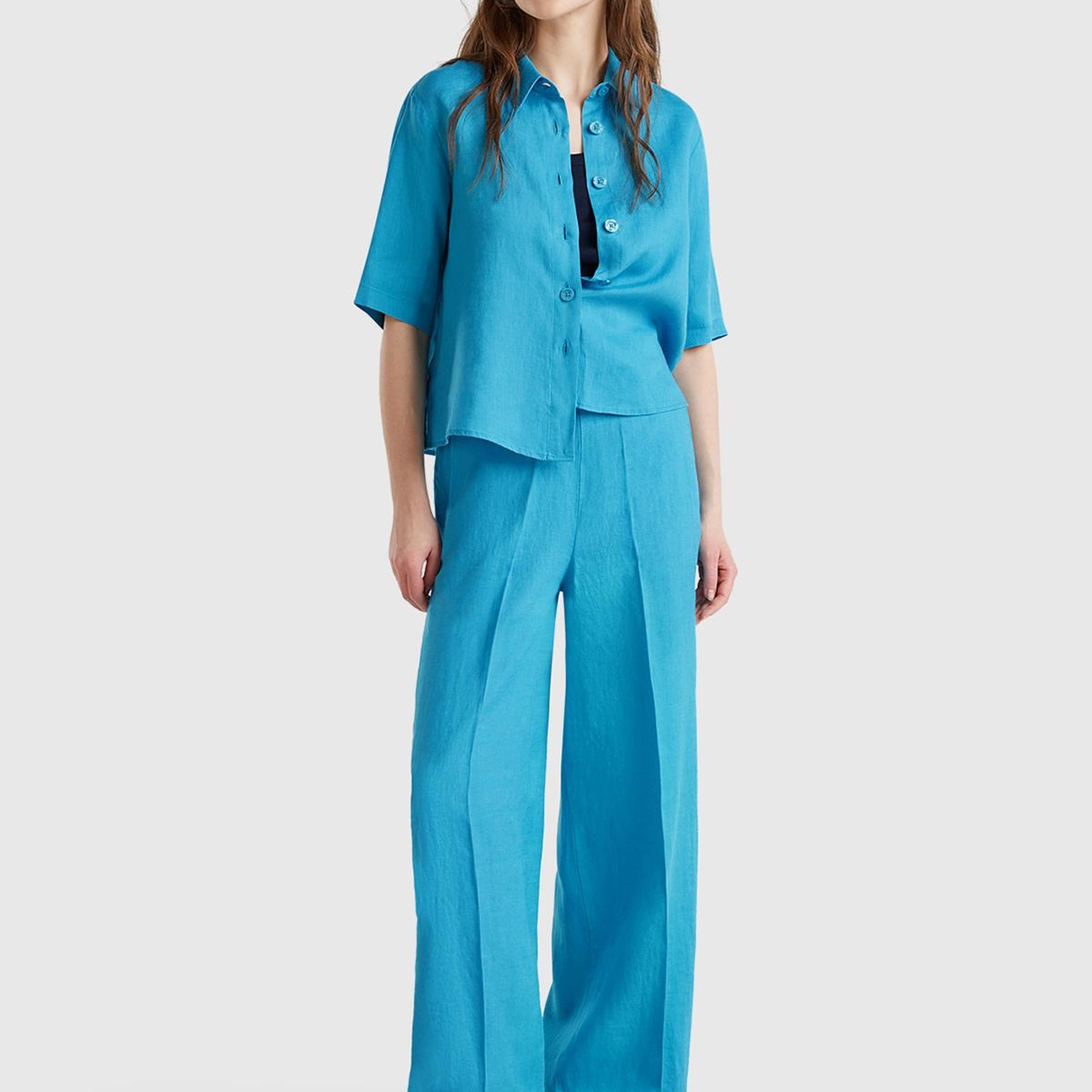 Kadın Mavi %100 Keten Yan Cepli Arka Beli Lastikli Palazzo Pantolon