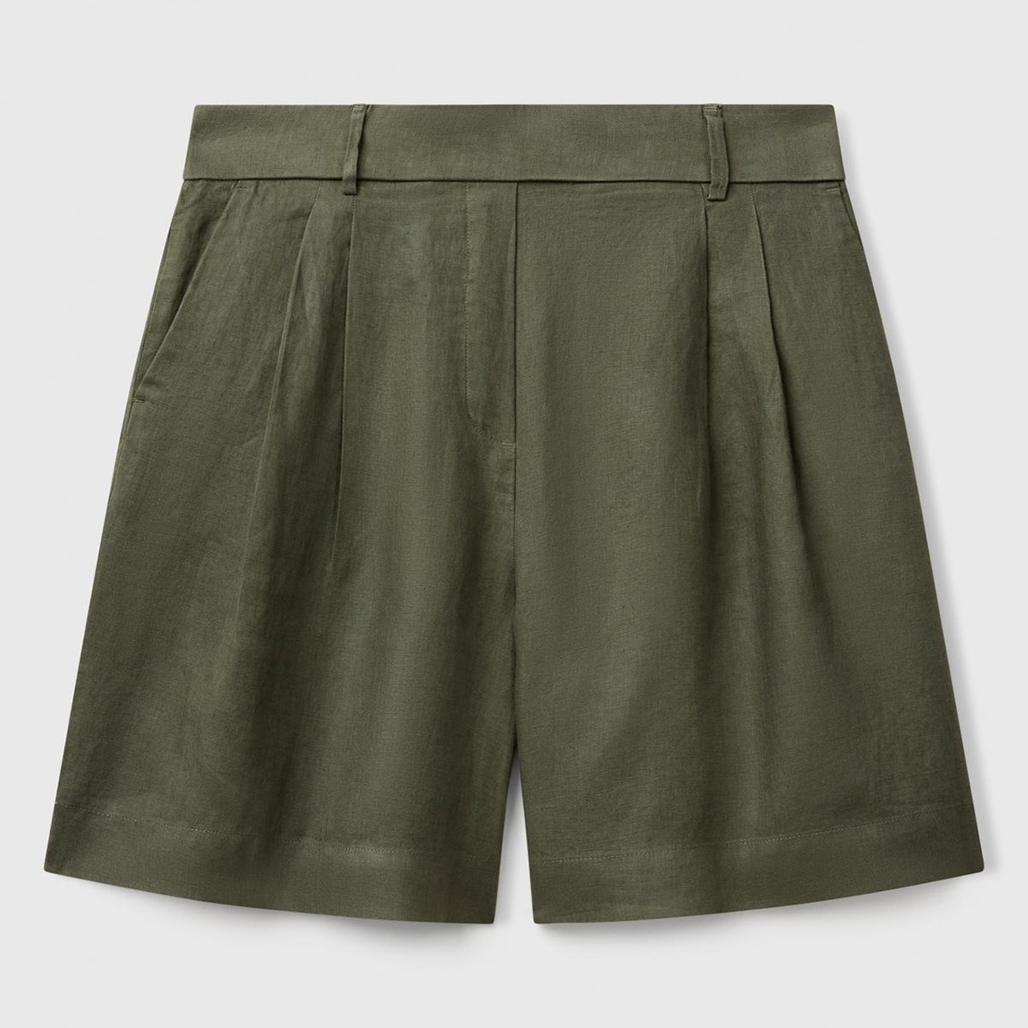 Kadın Haki %100 Keten Arka Beli Lastikli Pileli Relax Fit Bermuda Şort