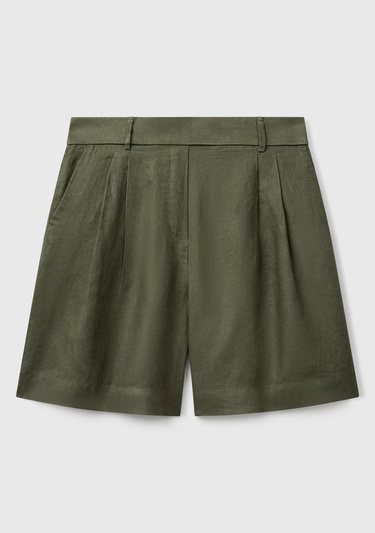  Kadın Haki %100 Keten Arka Beli Lastikli Pileli Relax Fit Bermuda Şort