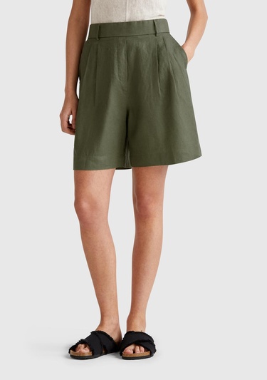  Kadın Haki %100 Keten Arka Beli Lastikli Pileli Relax Fit Bermuda Şort