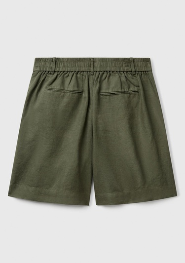  Kadın Haki %100 Keten Arka Beli Lastikli Pileli Relax Fit Bermuda Şort