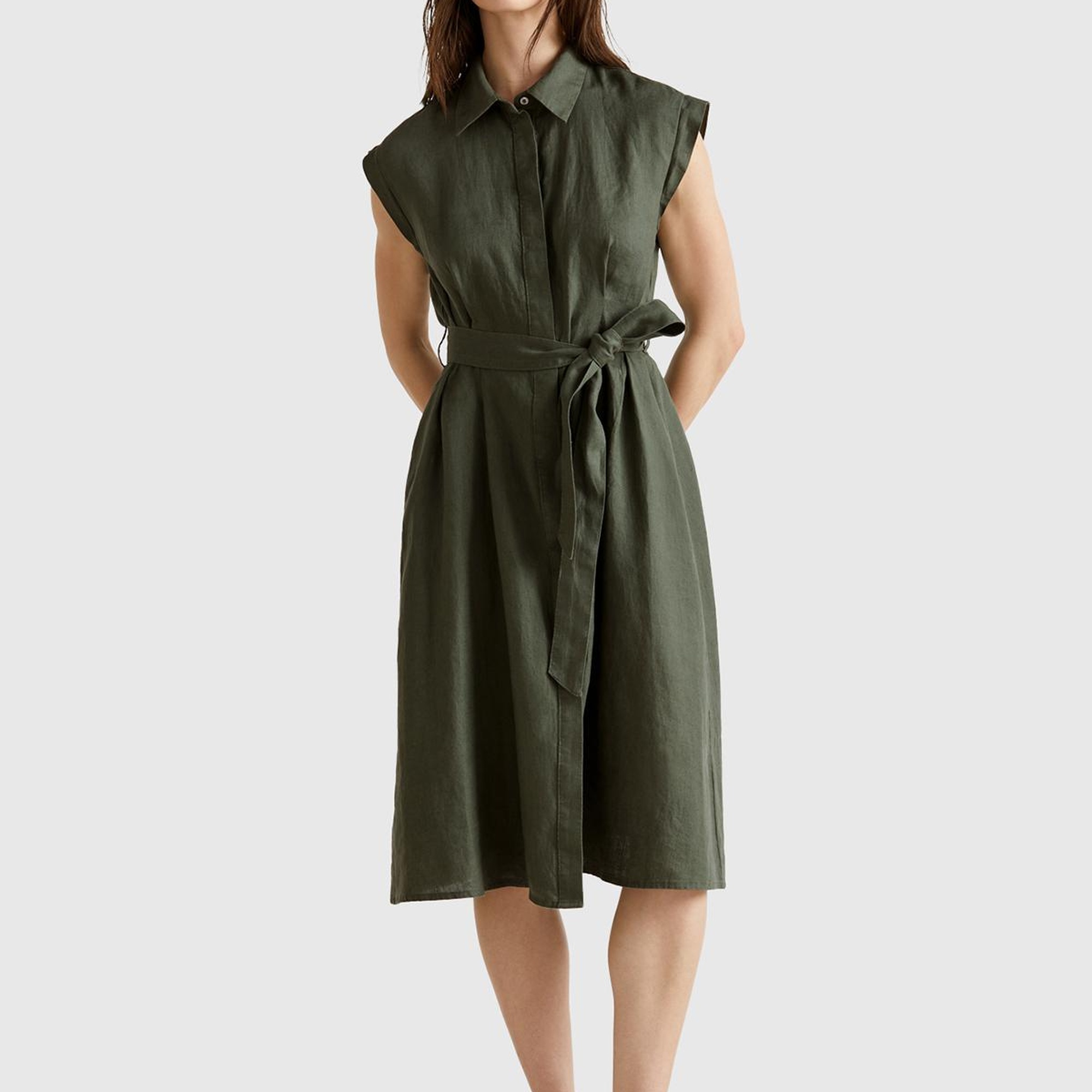 Kadın Haki %100 Keten Pileli Çıkarılabilir Kuşaklı Gömlek Elbise
