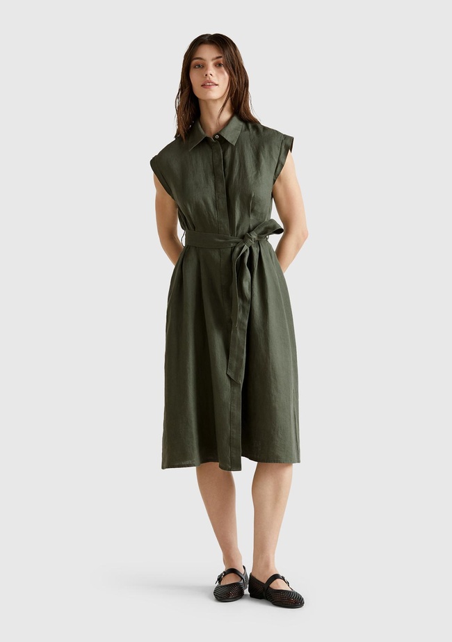  Kadın Haki %100 Keten Pileli Çıkarılabilir Kuşaklı Gömlek Elbise