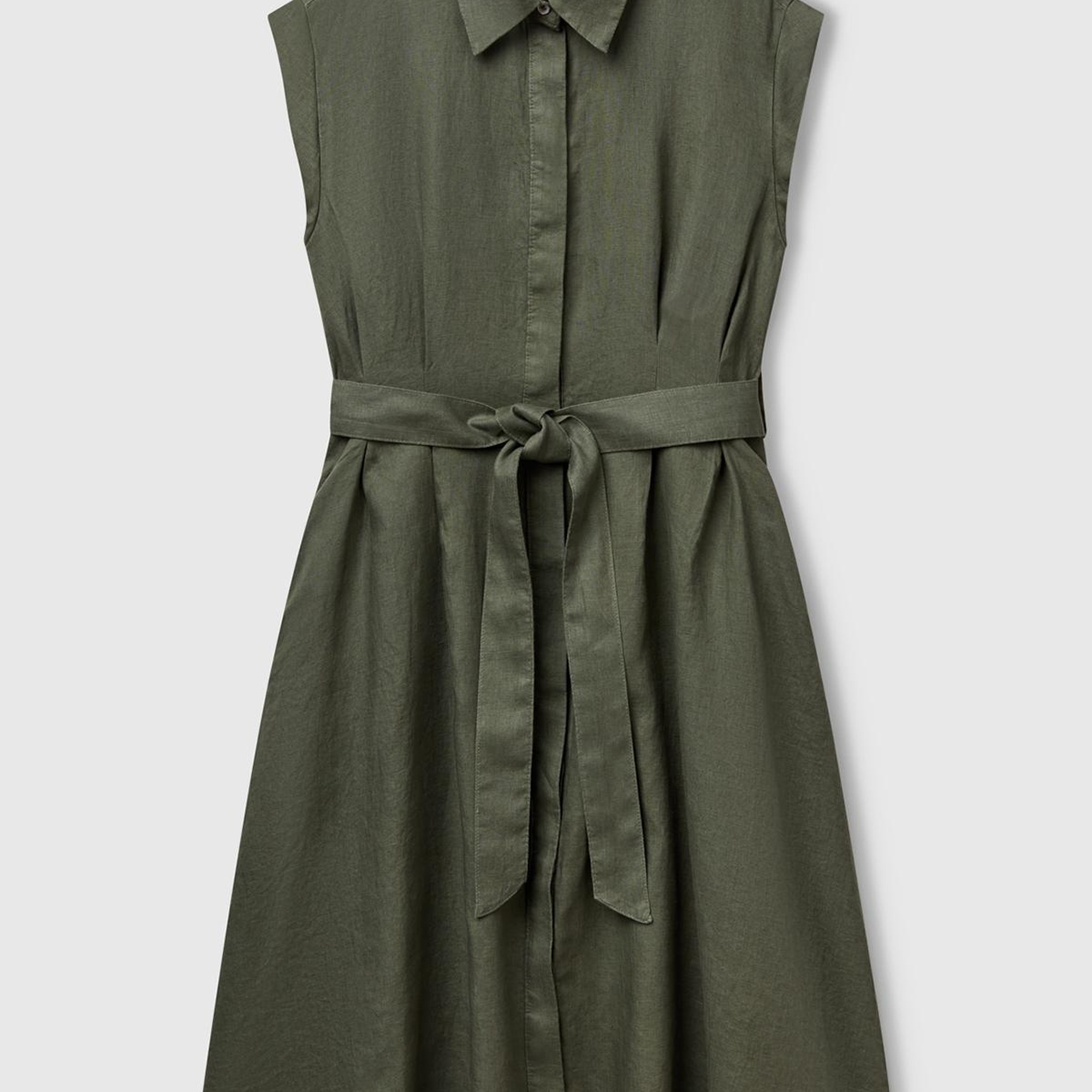Kadın Haki %100 Keten Pileli Çıkarılabilir Kuşaklı Gömlek Elbise