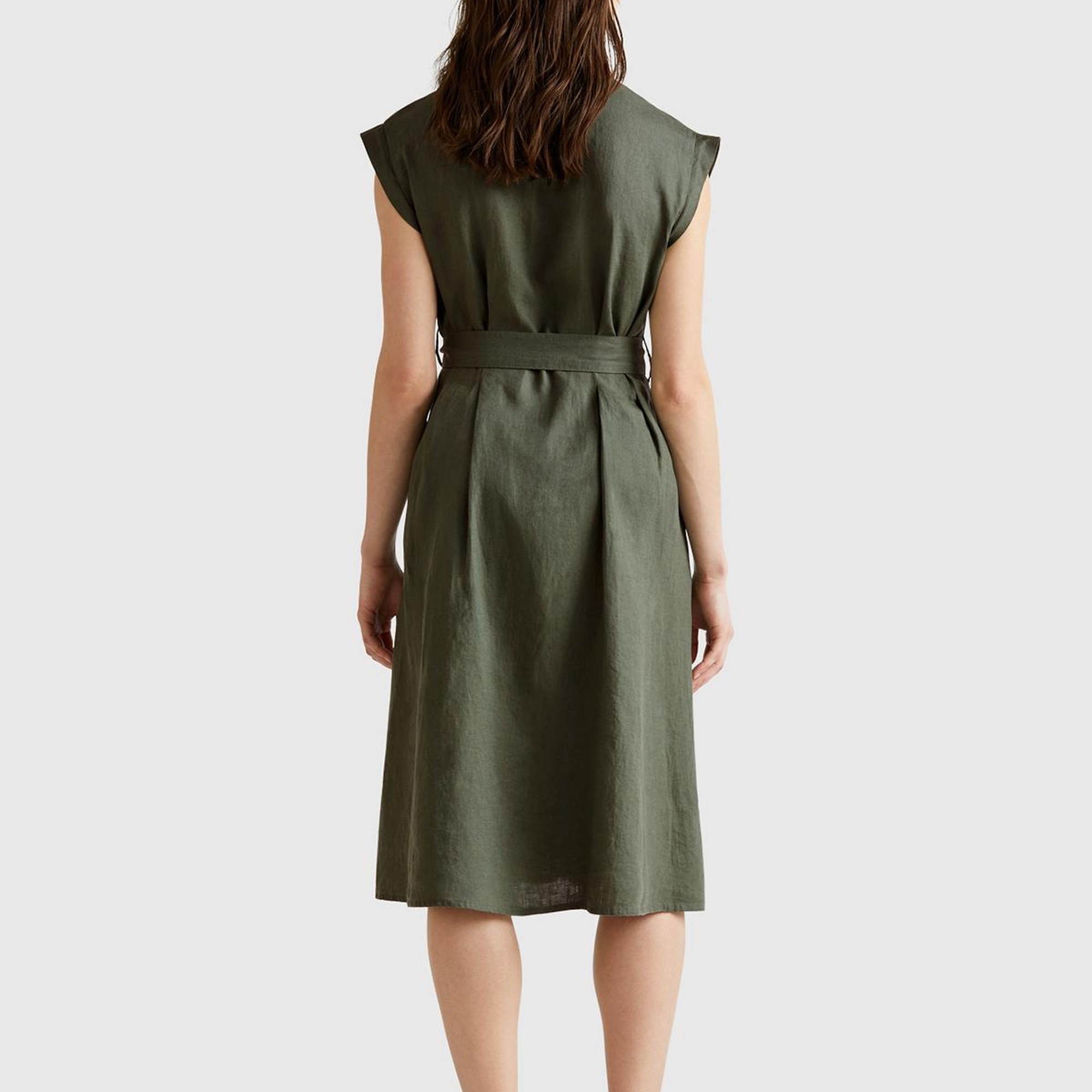 Kadın Haki %100 Keten Pileli Çıkarılabilir Kuşaklı Gömlek Elbise